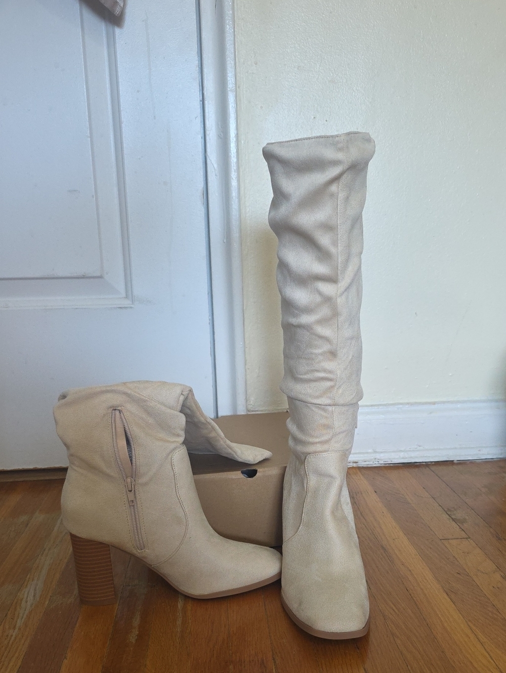 Women's Beige Over-the-Knee Slouch Boots with Block Heel